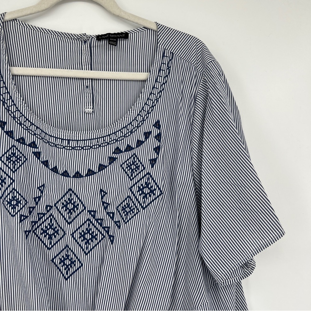 Lane Bryant Embroidered Tie-Front Pinstriped Back Button Boxy Blue White Shirt - Picture 2 of 15